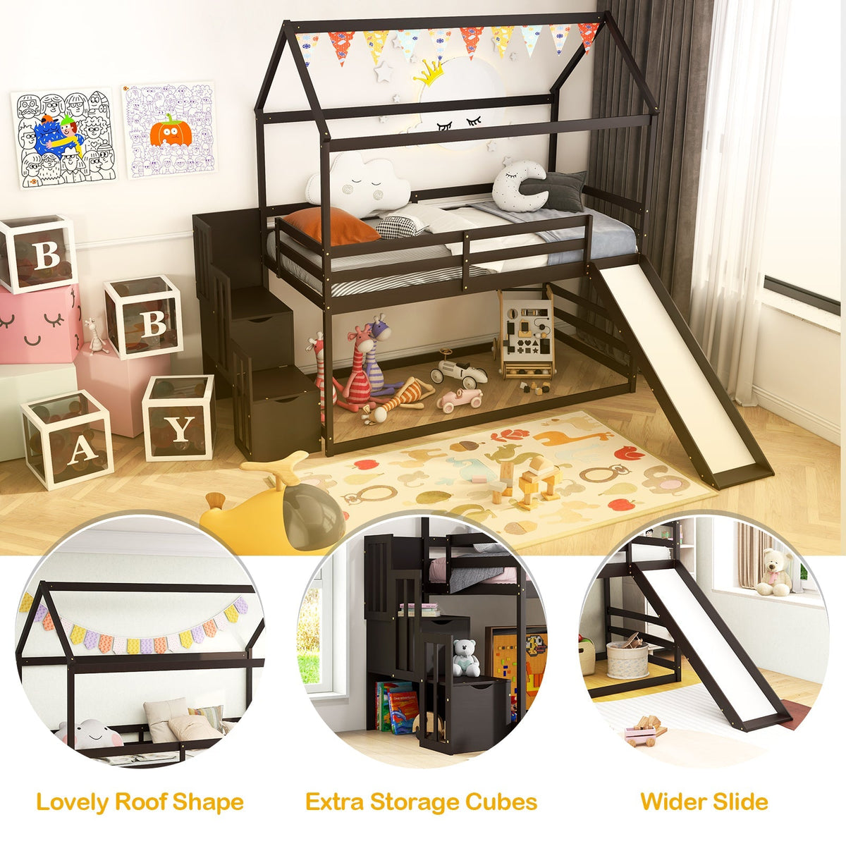 Twin over Twin Bunk Bed with Slide and 2-Step Storage Staircase
