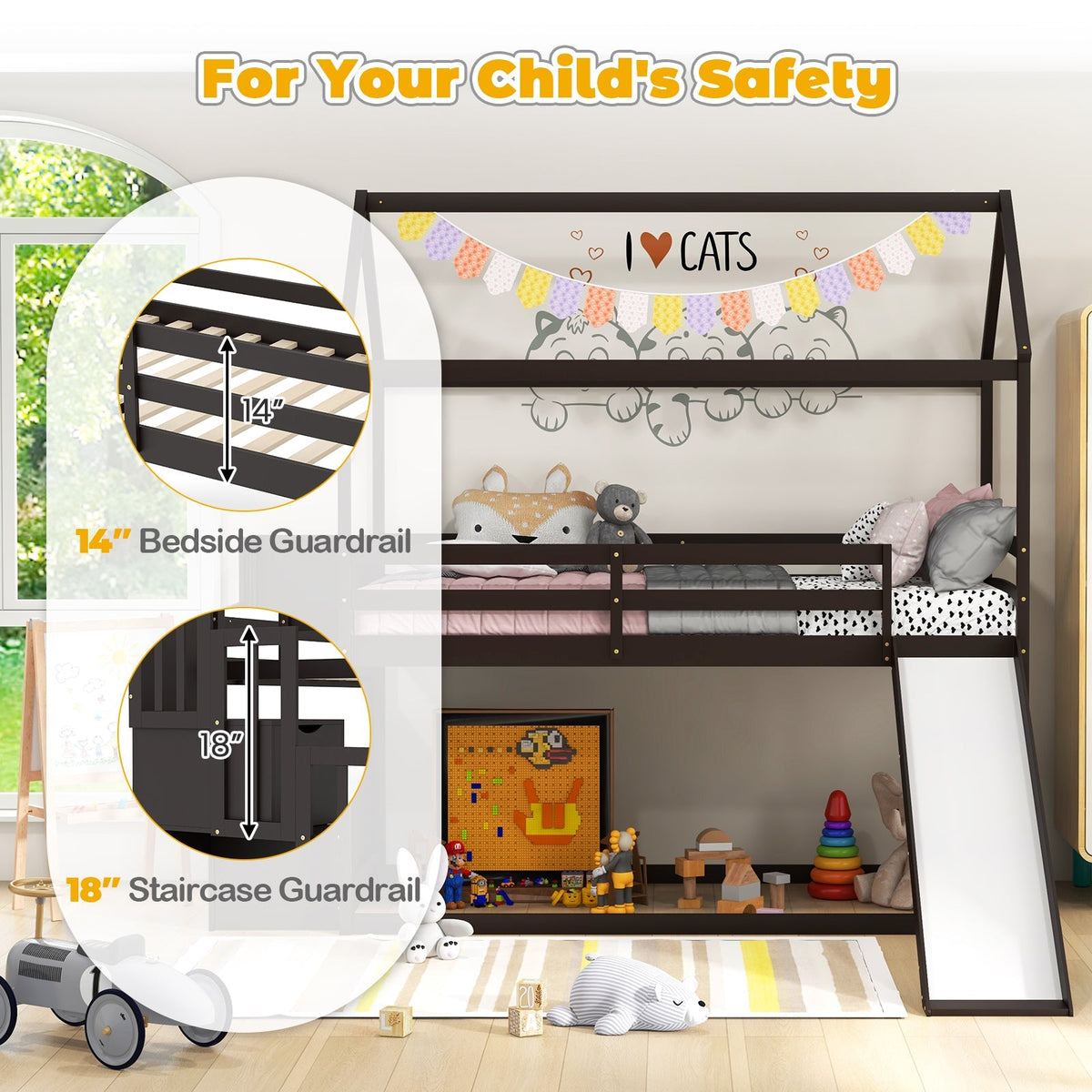 Twin over Twin Bunk Bed with Slide and 2-Step Storage Staircase