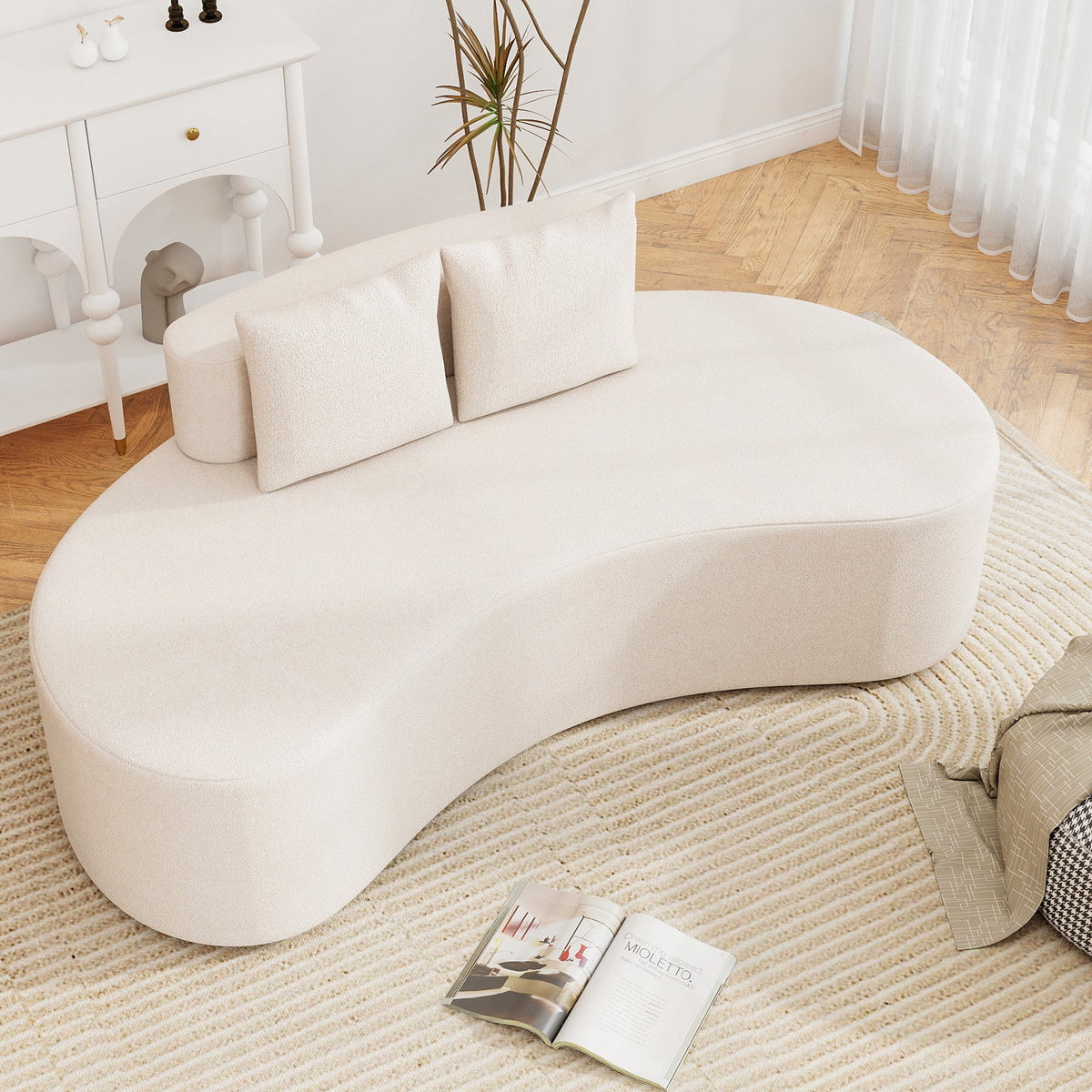 Upholstered Curved Sofa with 2 Cozy Pillows
