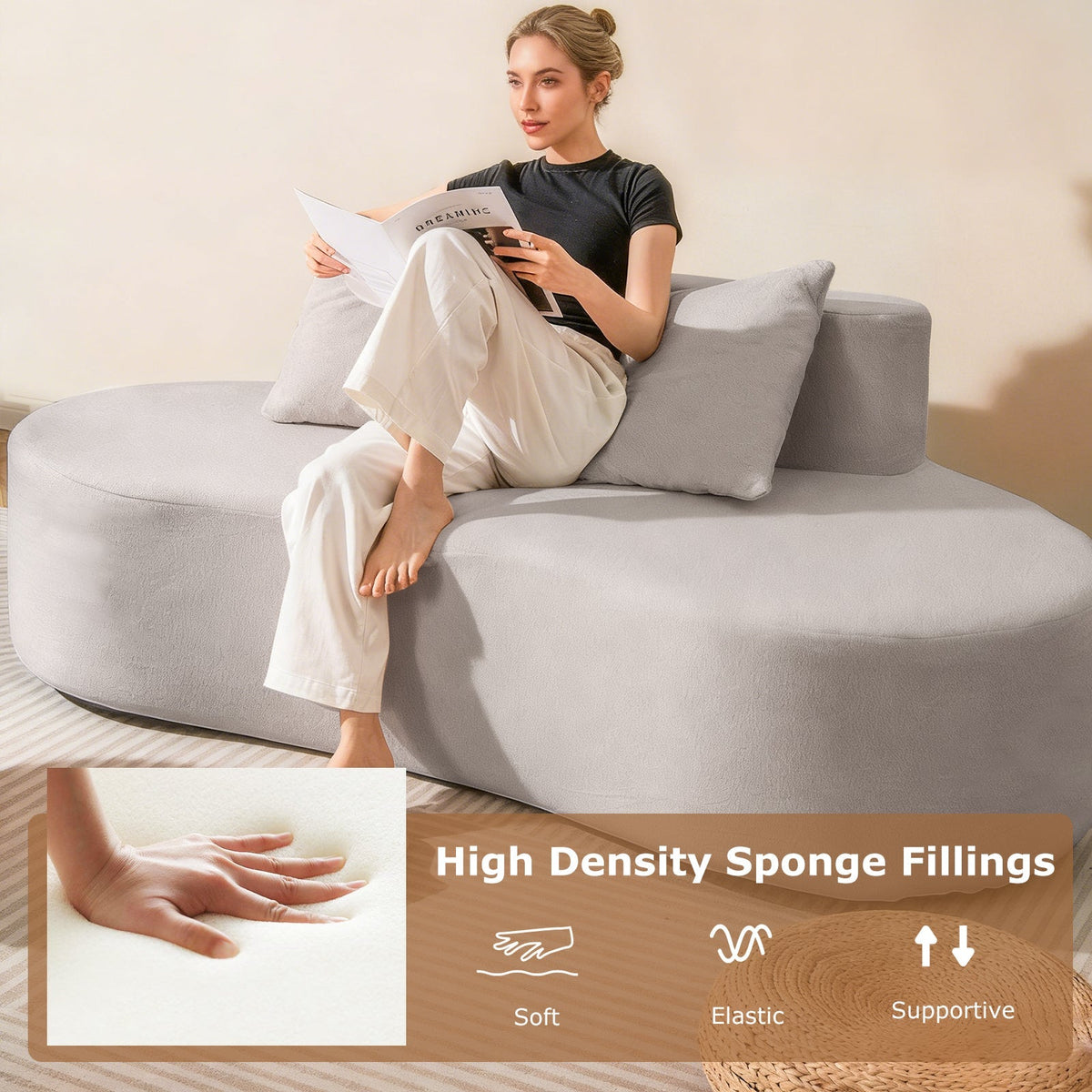 Upholstered Curved Sofa with 2 Cozy Pillows
