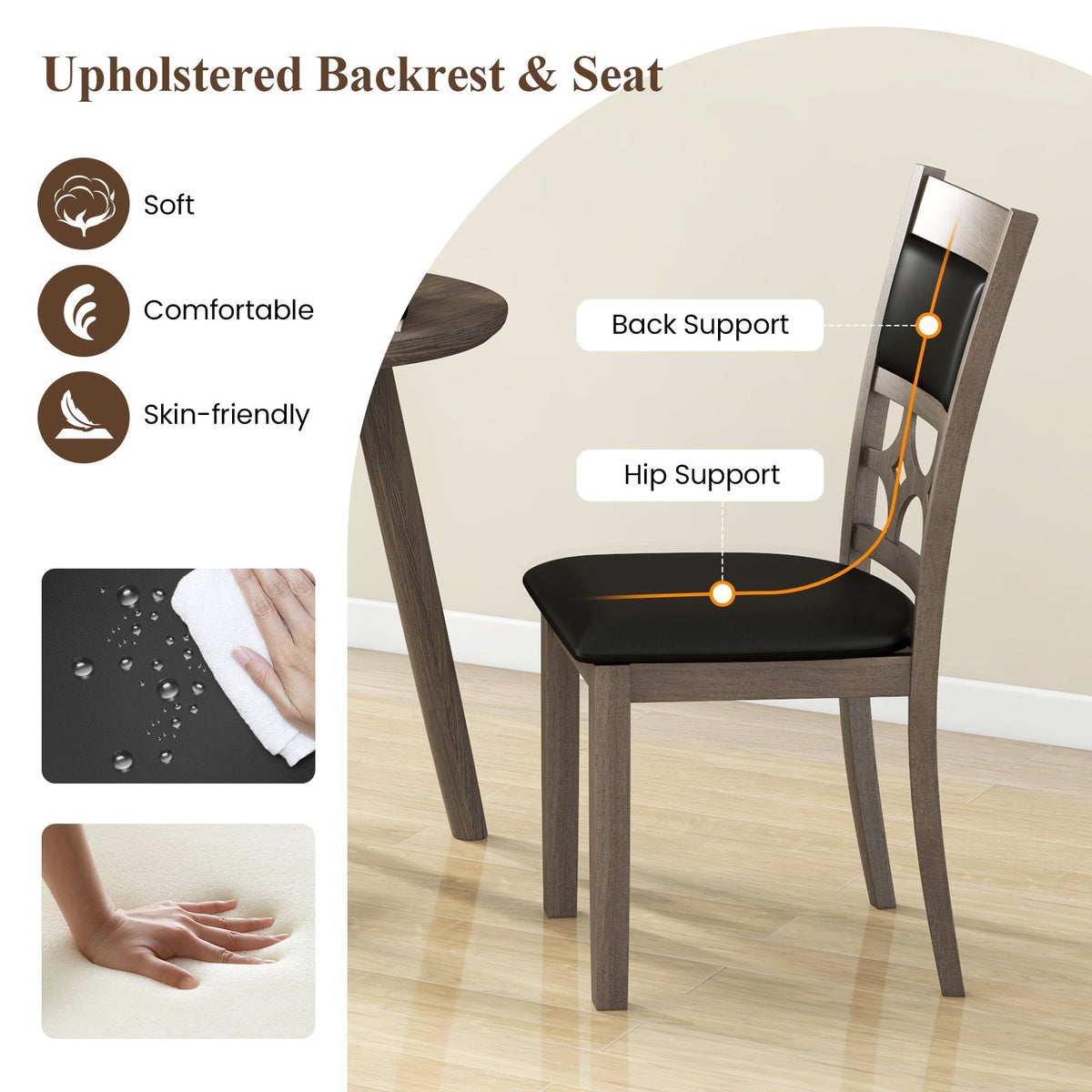Upholstered Dining Chair Set of 2 with Padded Backrest and Seat-Gray