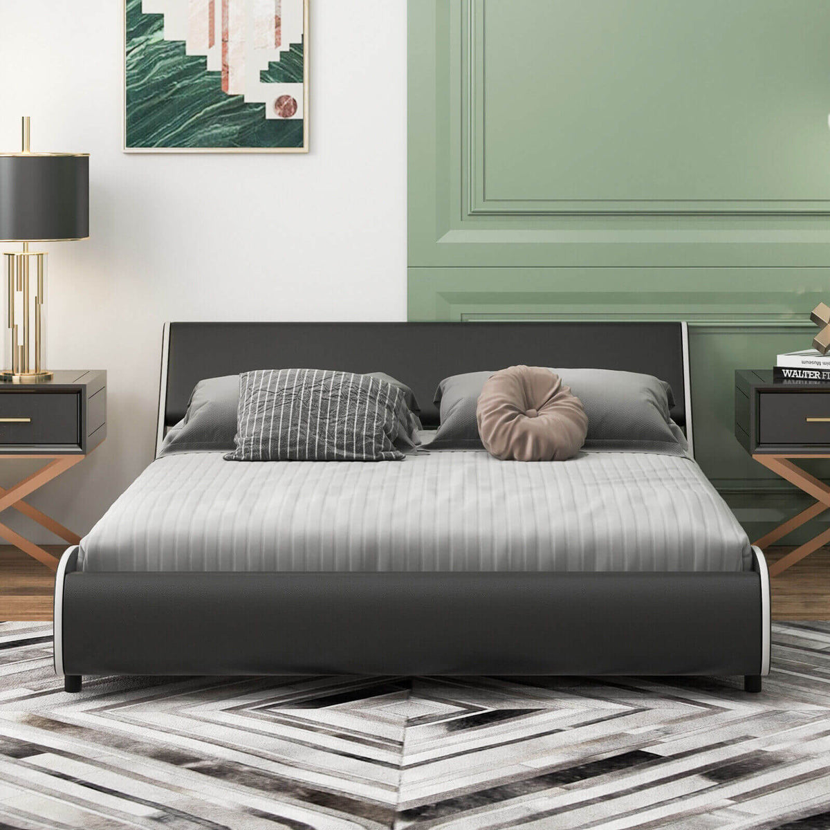 Upholstered Platform Bed Frame Low Profile Faux Leather with Curved Headboard