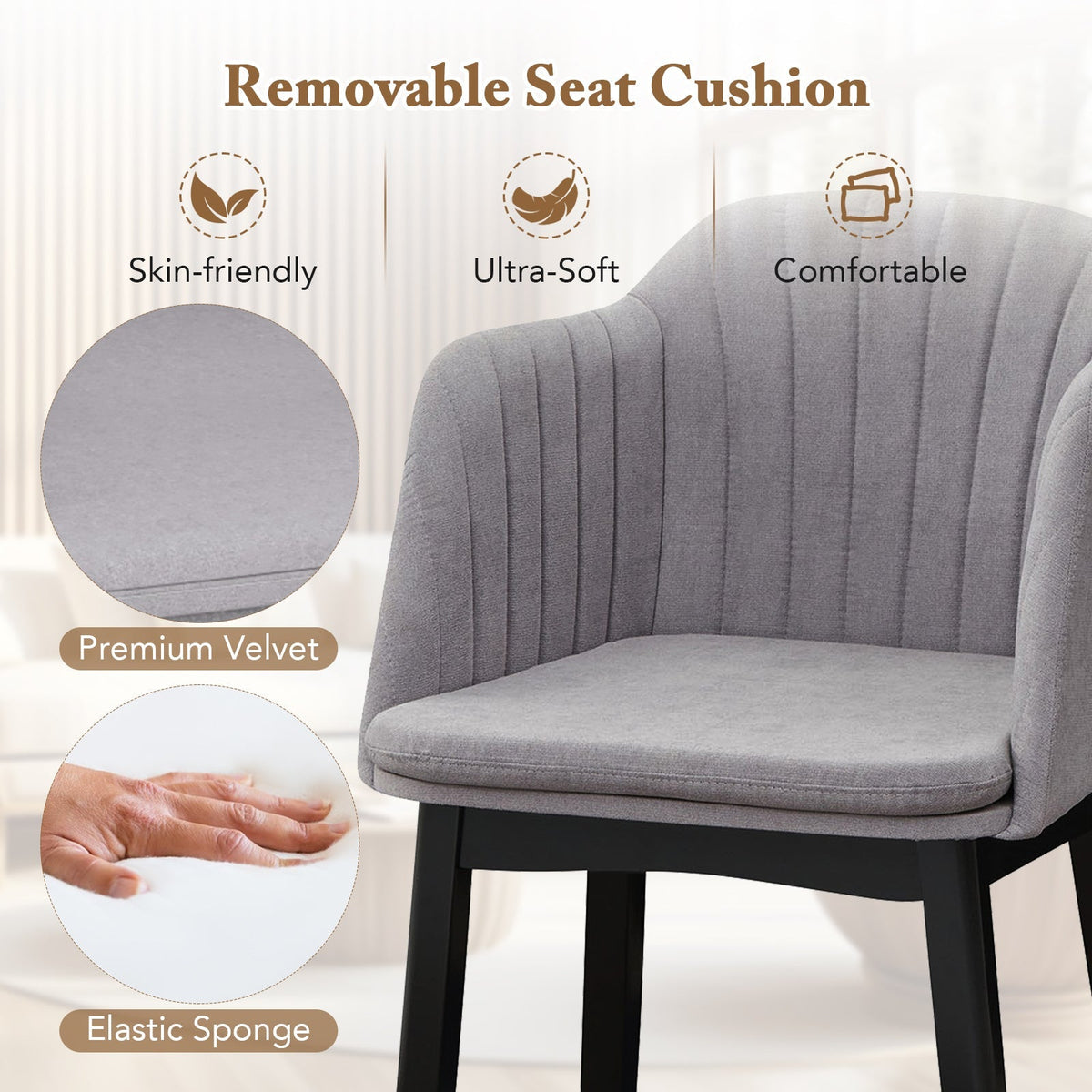 Upholstered Velvet Accent Modern Dining Chairs Set of 2 with Curved Backrests-Grey