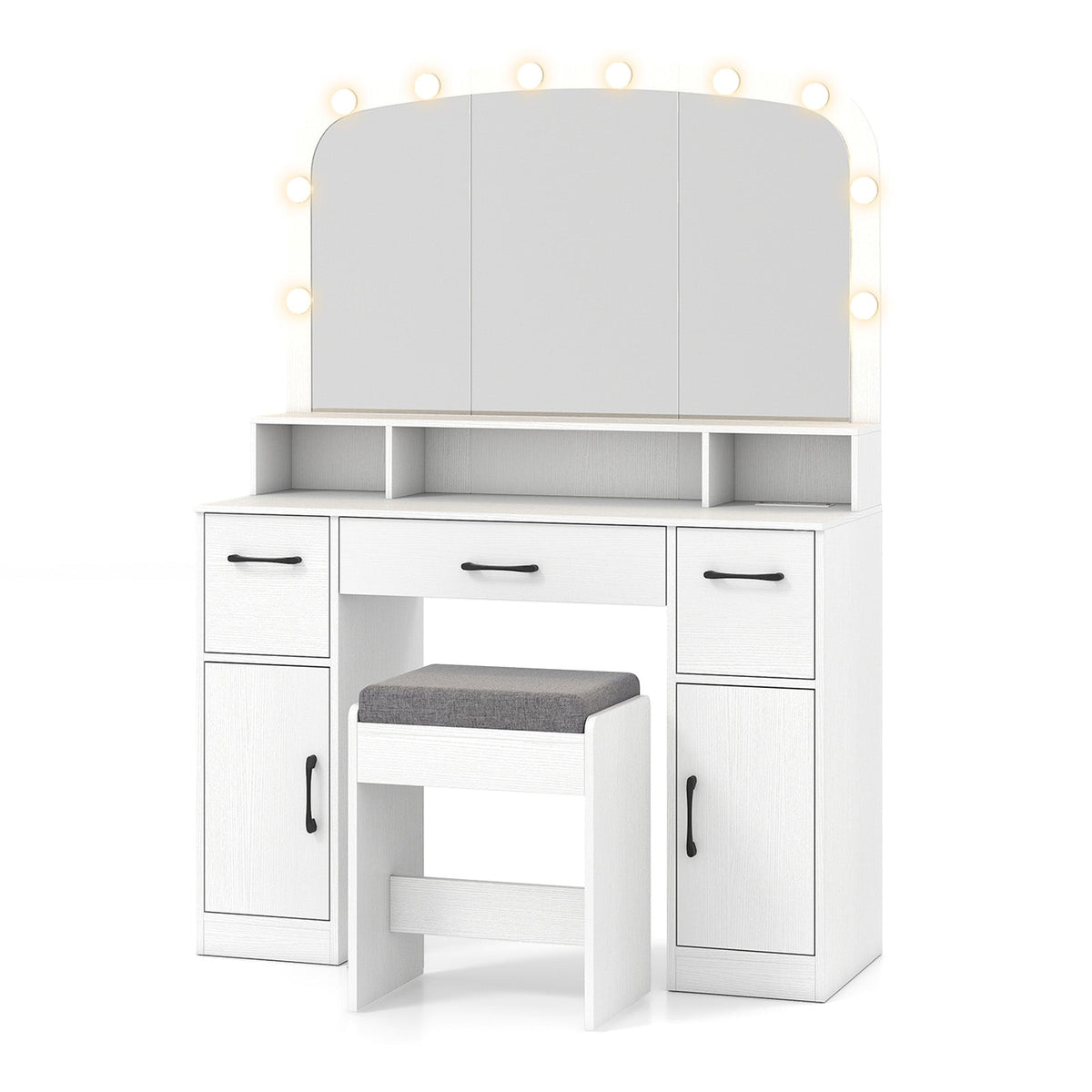 Vanity Desk Makeup Table with Stool 3-Color Lights and Charging Station