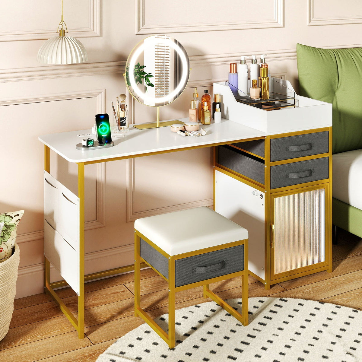 Vanity Desk with Rotatable Lighted Mirror 55 Inch Makeup Vanity Table-White