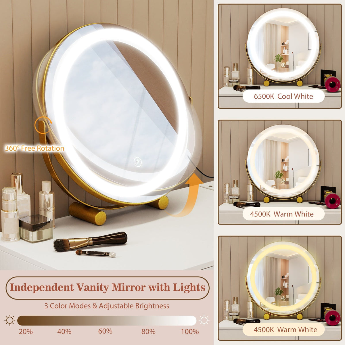 Vanity Desk with with Lighted Adjustable Mirror for Bedroom