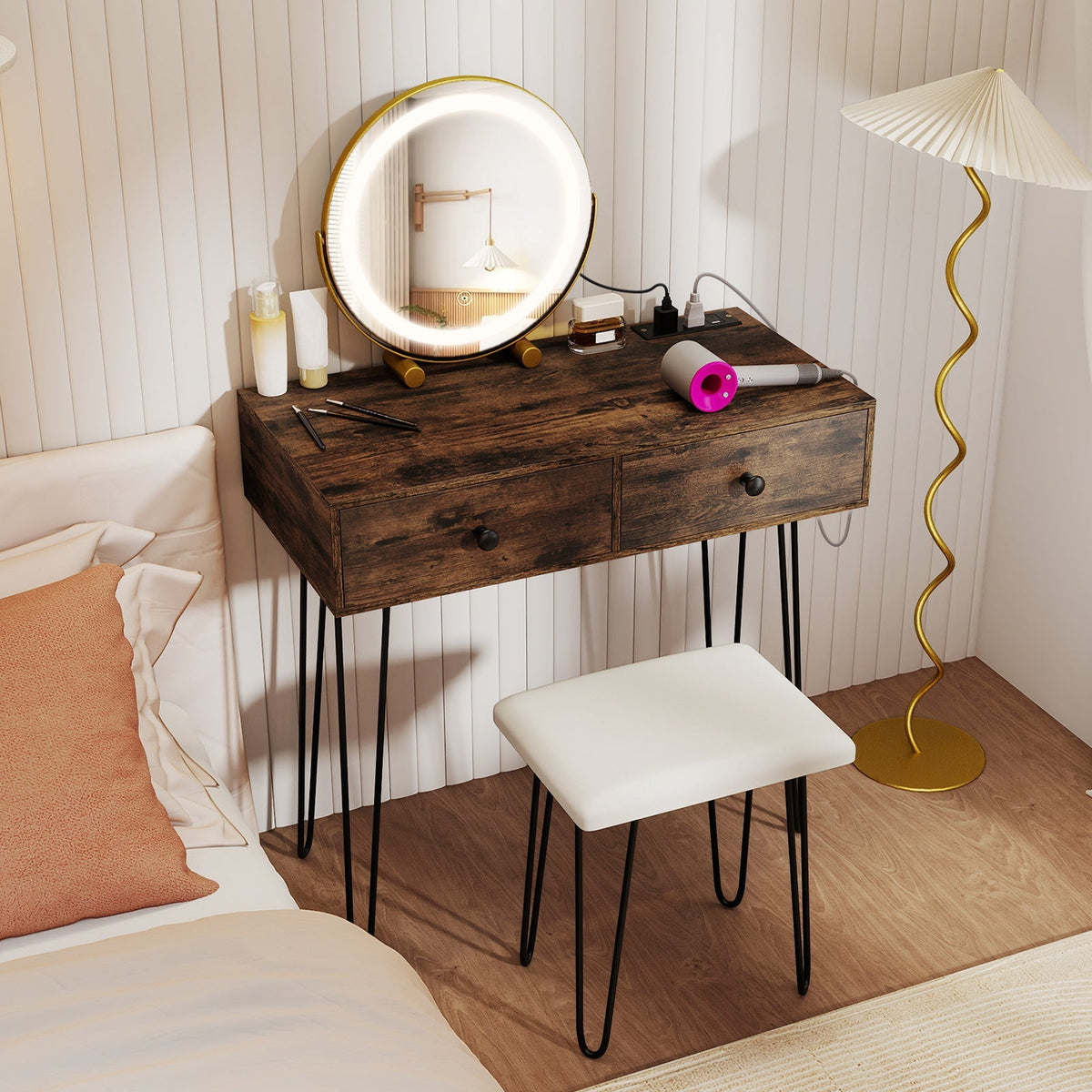 Vanity Desk with with Lighted Adjustable Mirror for Bedroom