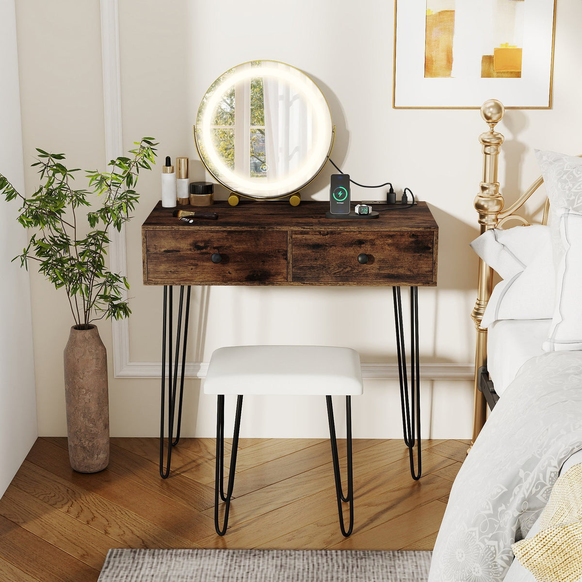 Vanity Desk with with Lighted Adjustable Mirror for Bedroom