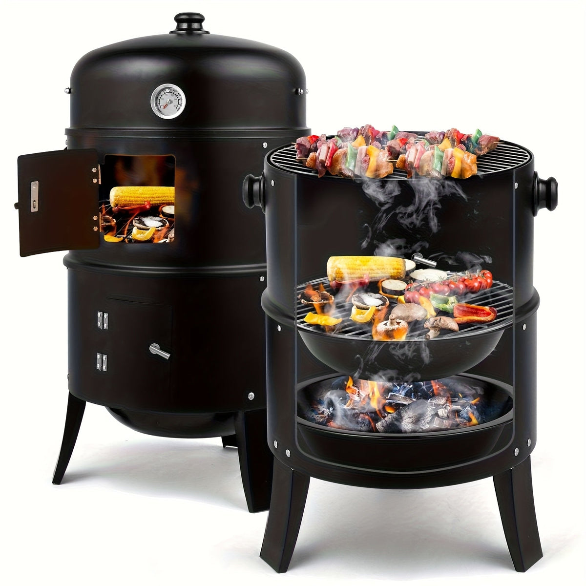 Parrilla ahumadora de carbón 3 en 1, brasero para barbacoa, parrilla portátil para camping al aire libre