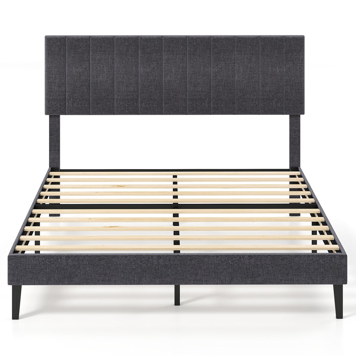 Velvet Upholstered Platform Bed with Height Adjustable Vertical Channel Headboard