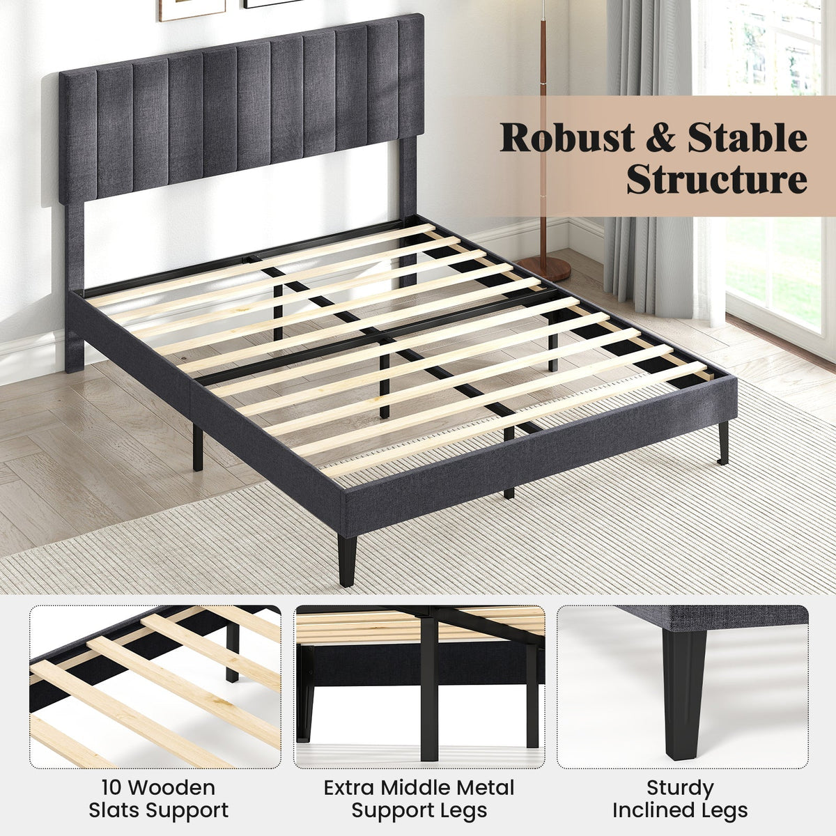 Velvet Upholstered Platform Bed with Height Adjustable Vertical Channel Headboard