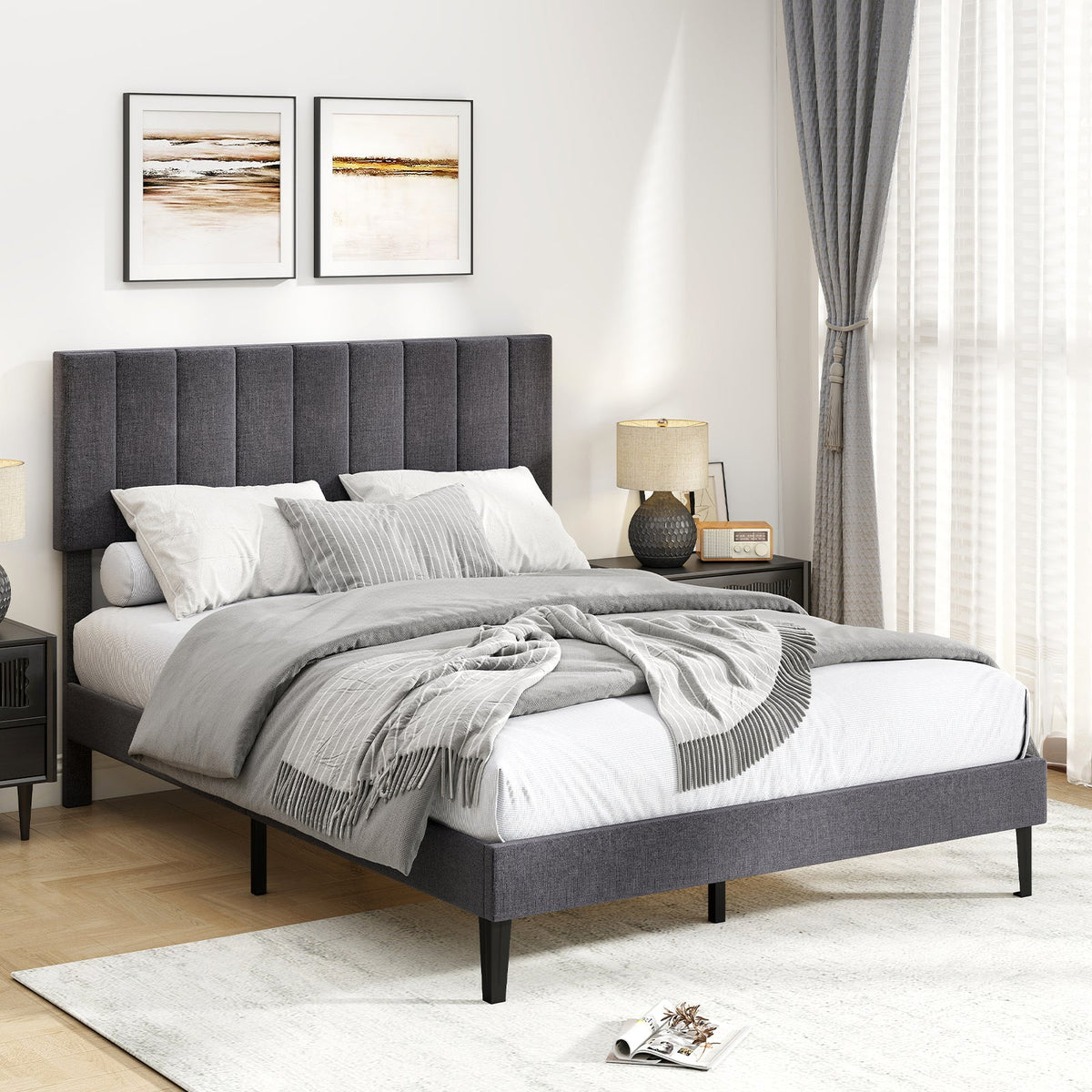 Velvet Upholstered Platform Bed with Height Adjustable Vertical Channel Headboard