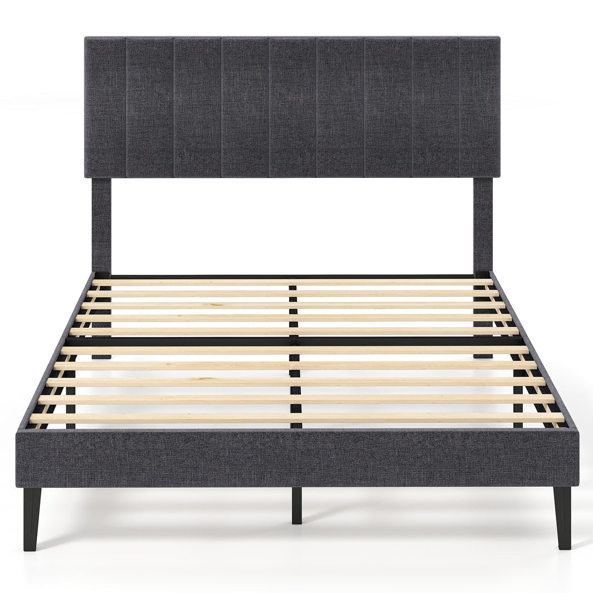 Velvet Upholstered Platform Bed with Height Adjustable Vertical Channel Headboard