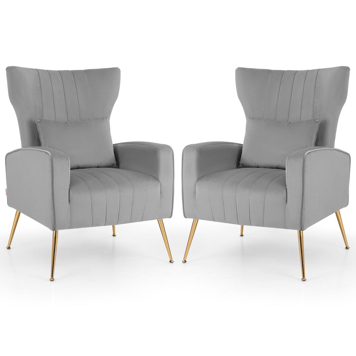 Velvet Upholstered Wingback Chair with Lumbar Pillow and Golden Metal Legs