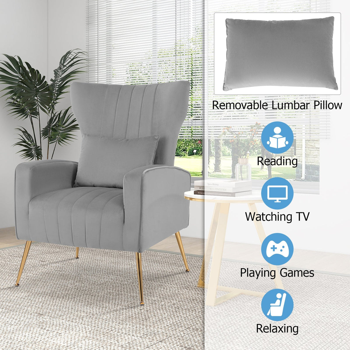 Velvet Upholstered Wingback Chair with Lumbar Pillow and Golden Metal Legs