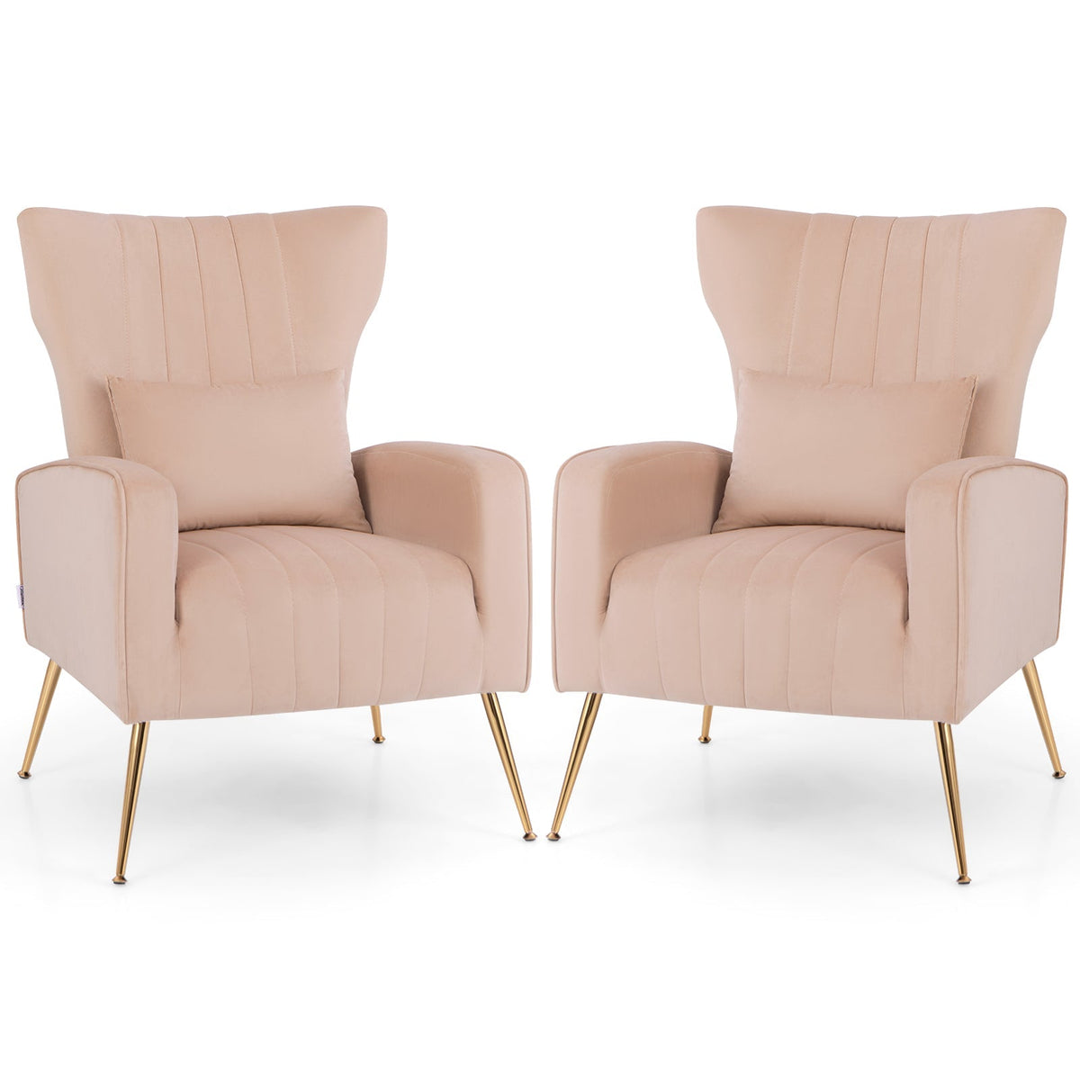 Velvet Upholstered Wingback Chair with Lumbar Pillow and Golden Metal Legs