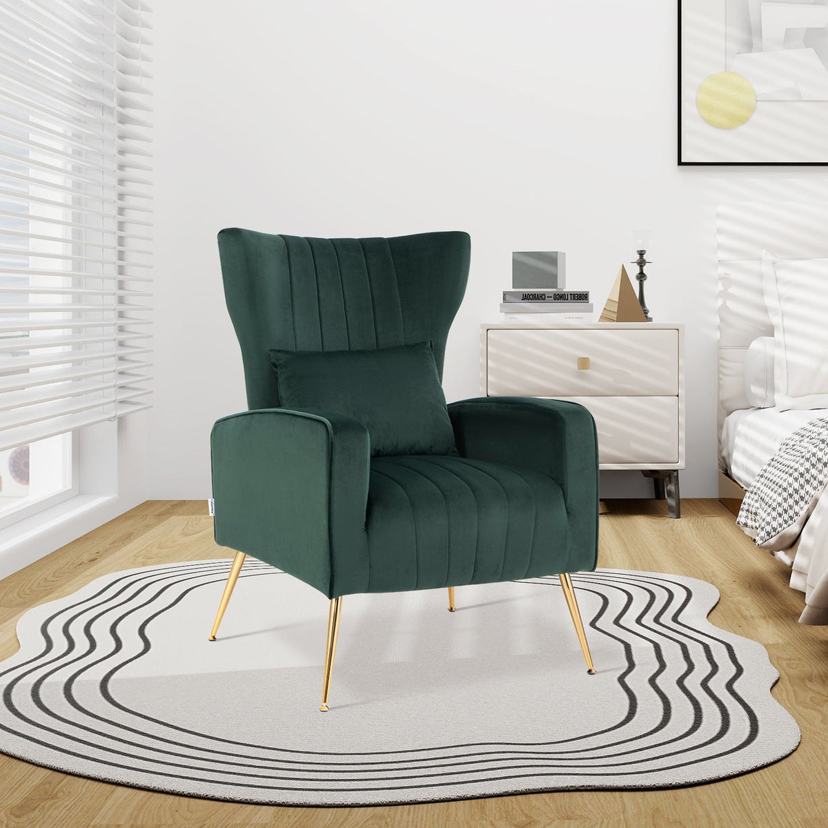 Velvet Upholstered Wingback Chair with Lumbar Pillow and Golden Metal Legs