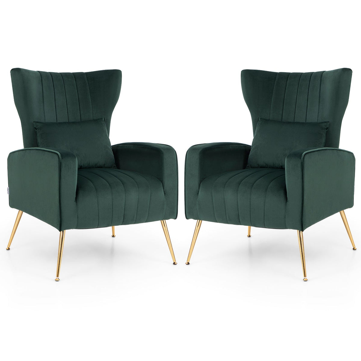 Velvet Upholstered Wingback Chair with Lumbar Pillow and Golden Metal Legs