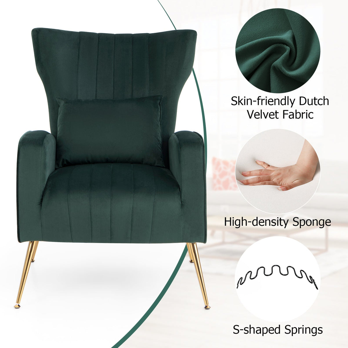 Velvet Upholstered Wingback Chair with Lumbar Pillow and Golden Metal Legs