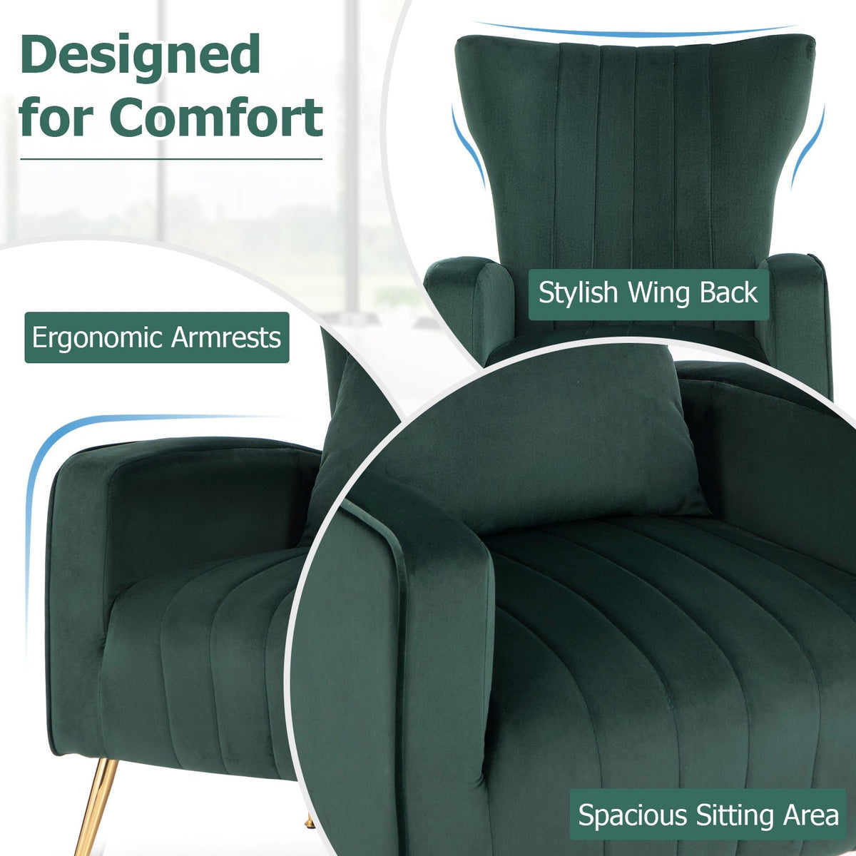 Velvet Upholstered Wingback Chair with Lumbar Pillow and Golden Metal Legs