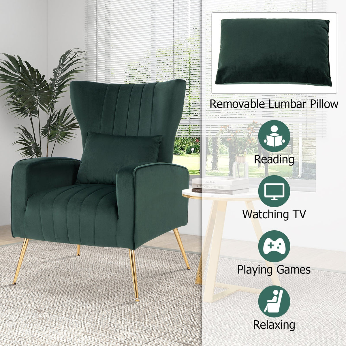 Velvet Upholstered Wingback Chair with Lumbar Pillow and Golden Metal Legs