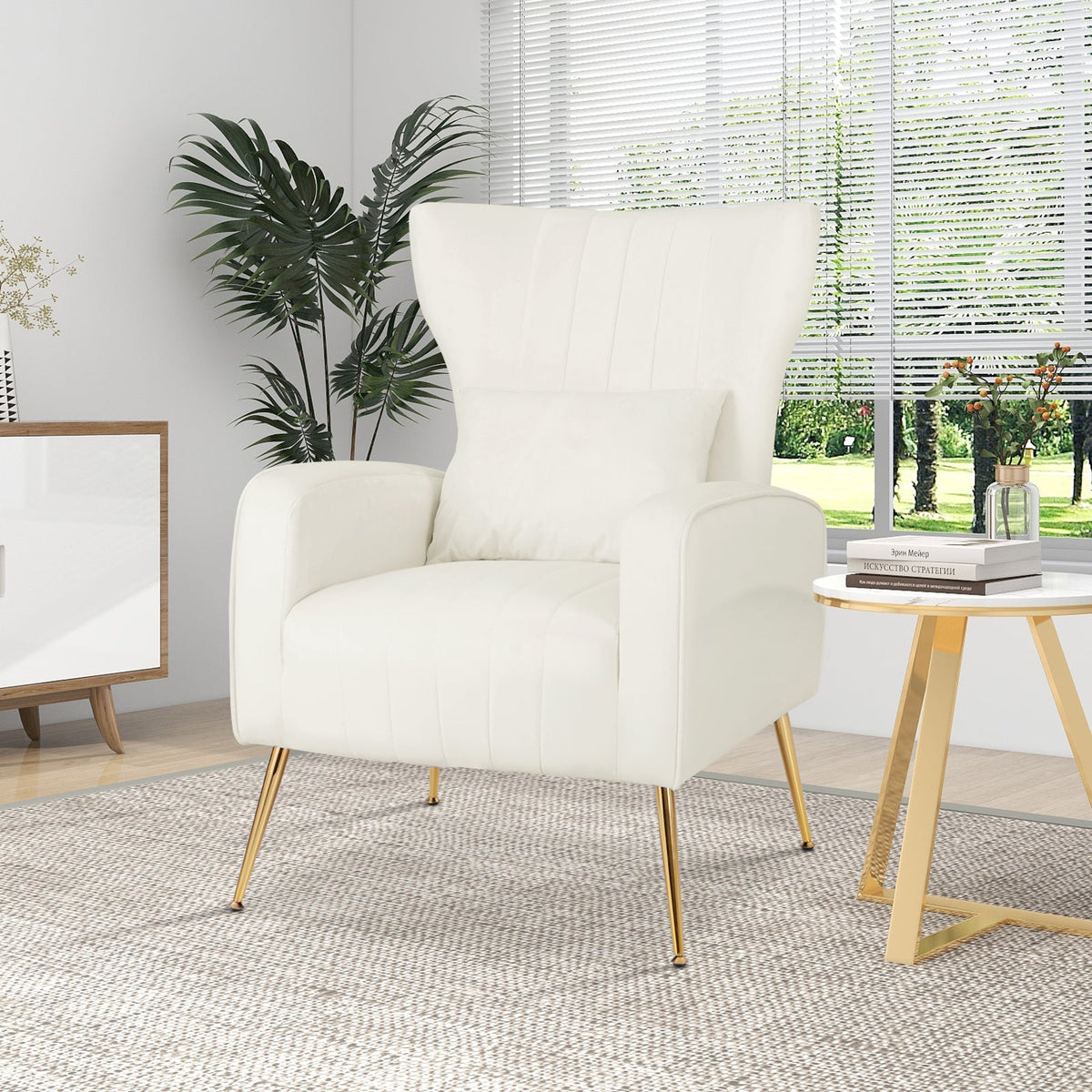 Velvet Upholstered Wingback Chair with Lumbar Pillow and Golden Metal Legs