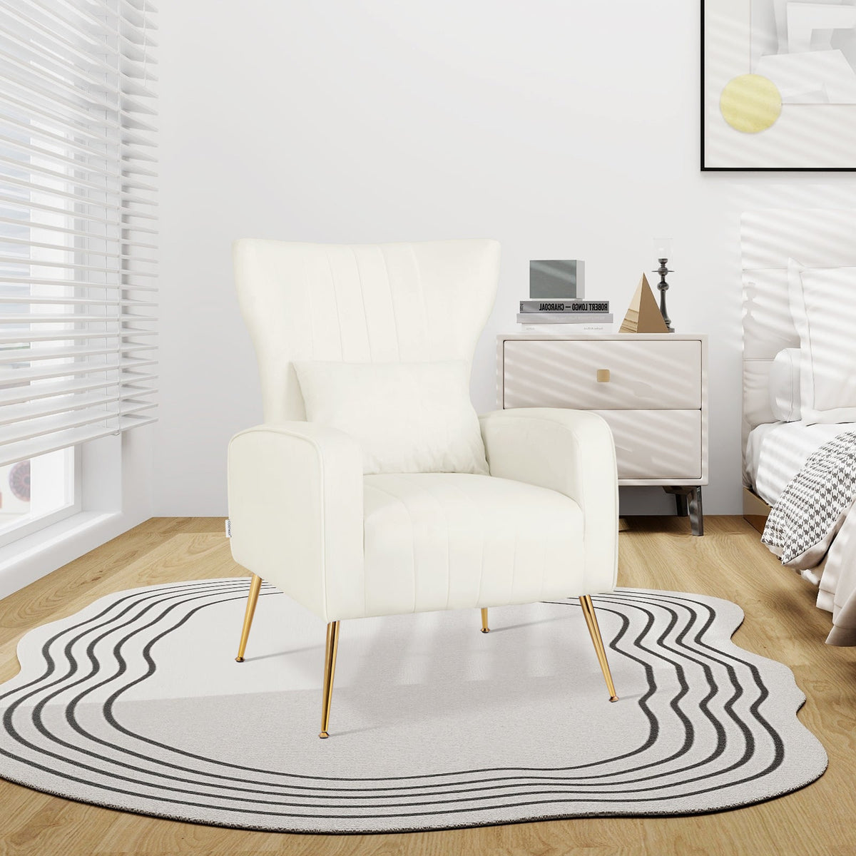 Velvet Upholstered Wingback Chair with Lumbar Pillow and Golden Metal Legs