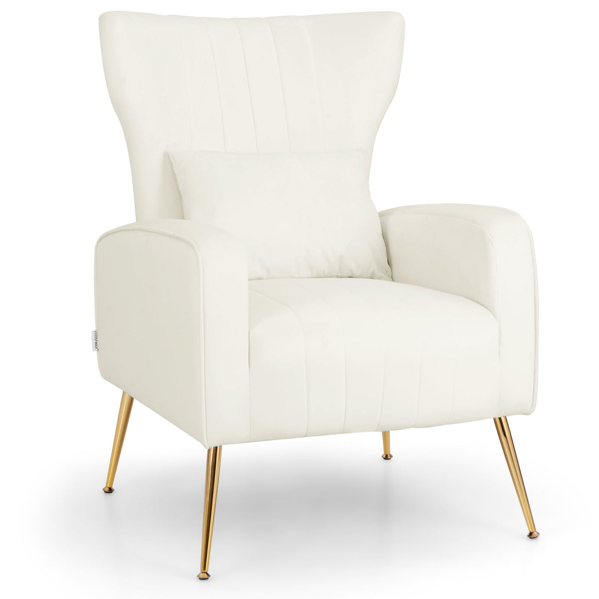 Velvet Upholstered Wingback Chair with Lumbar Pillow and Golden Metal Legs