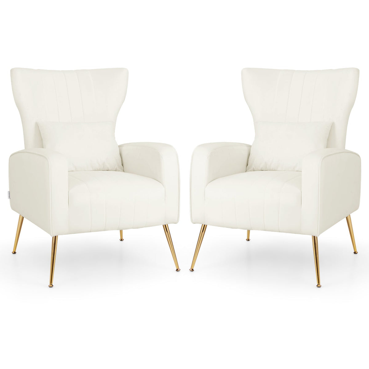 Velvet Upholstered Wingback Chair with Lumbar Pillow and Golden Metal Legs