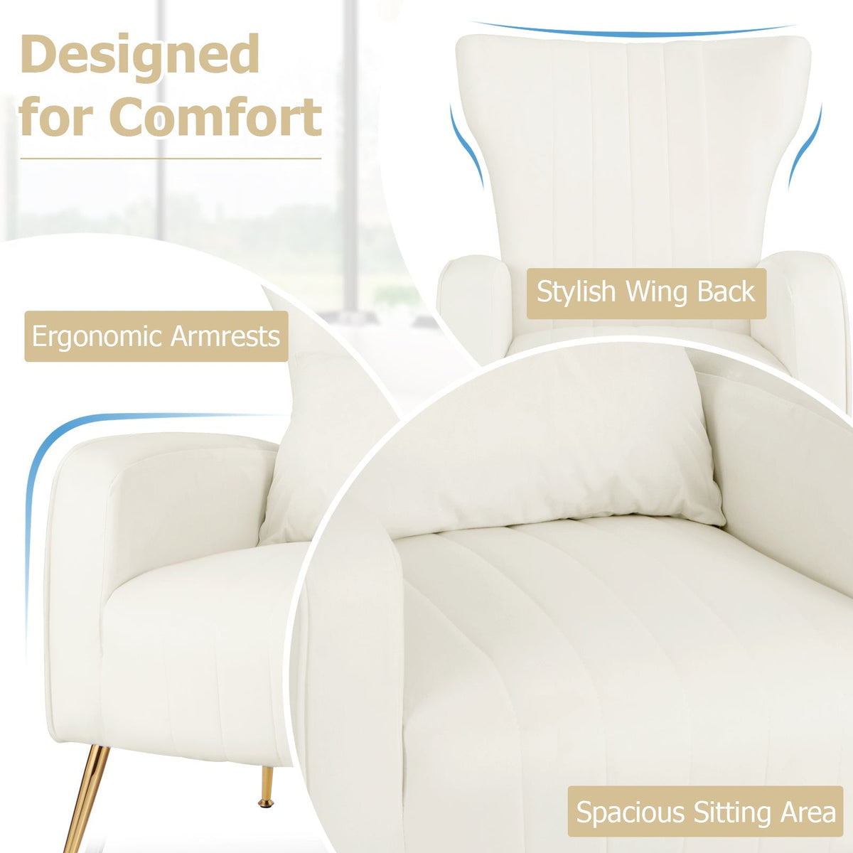 Velvet Upholstered Wingback Chair with Lumbar Pillow and Golden Metal Legs