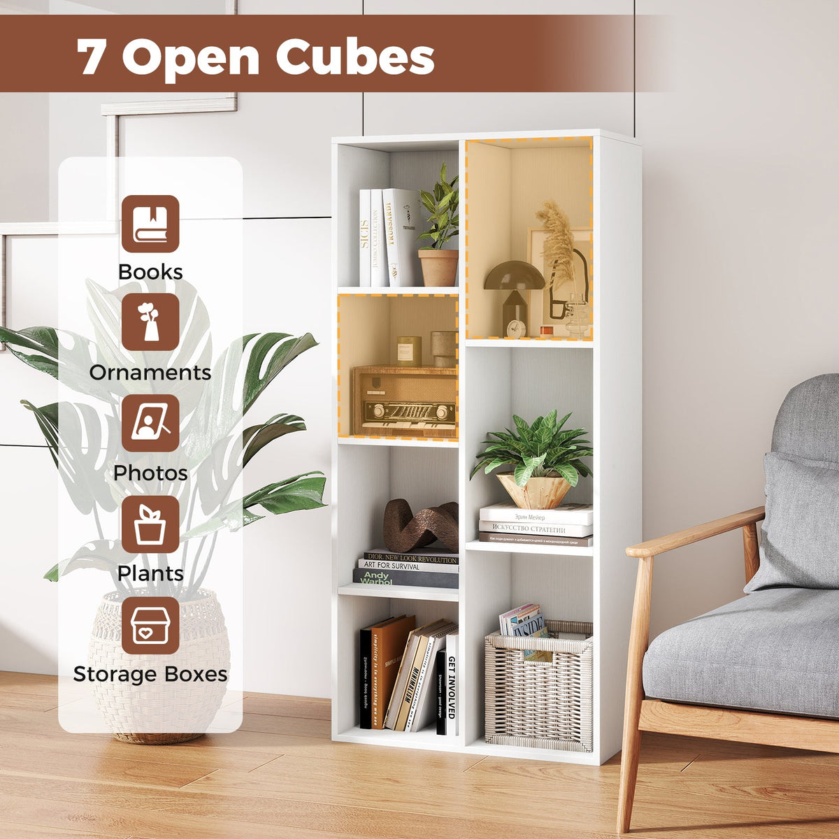 Vertical or Horizontal Freestanding Bookshelf with 7 Compartments