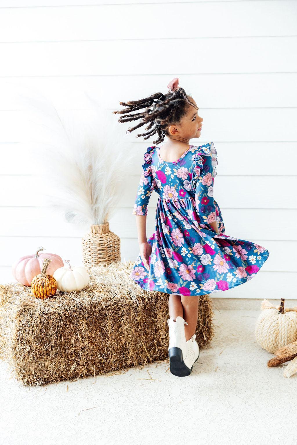 Vintage Garden 3/4 Sleeve Ruffle Twirl Dress