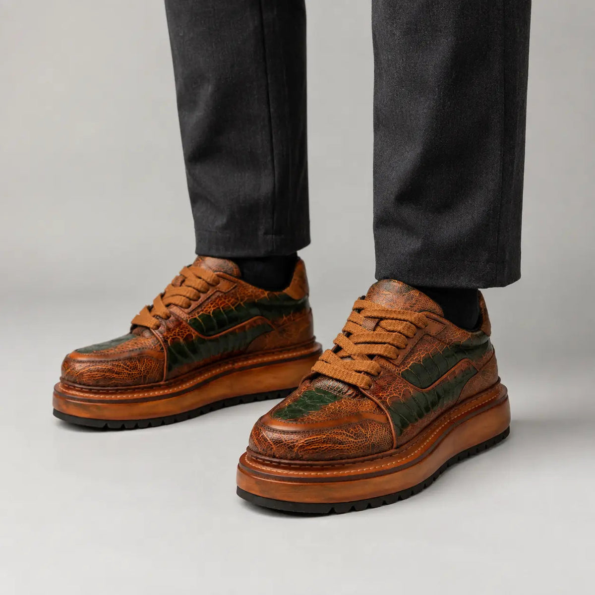 Orange-Brown Platform Ostrich Leg Leather Sneakers