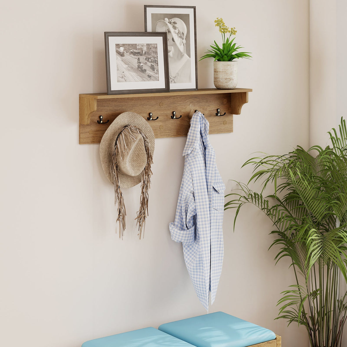 Wall Hooks with Shelf 31.5inch Wooden Coat Rack with 6 Hooks for Hats Towels Purses Robes