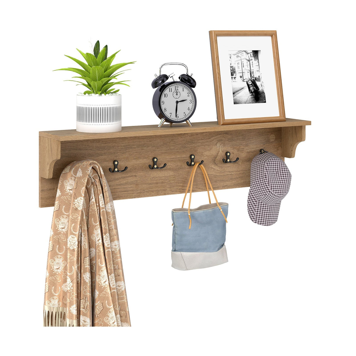 Wall Hooks with Shelf 31.5inch Wooden Coat Rack with 6 Hooks for Hats Towels Purses Robes