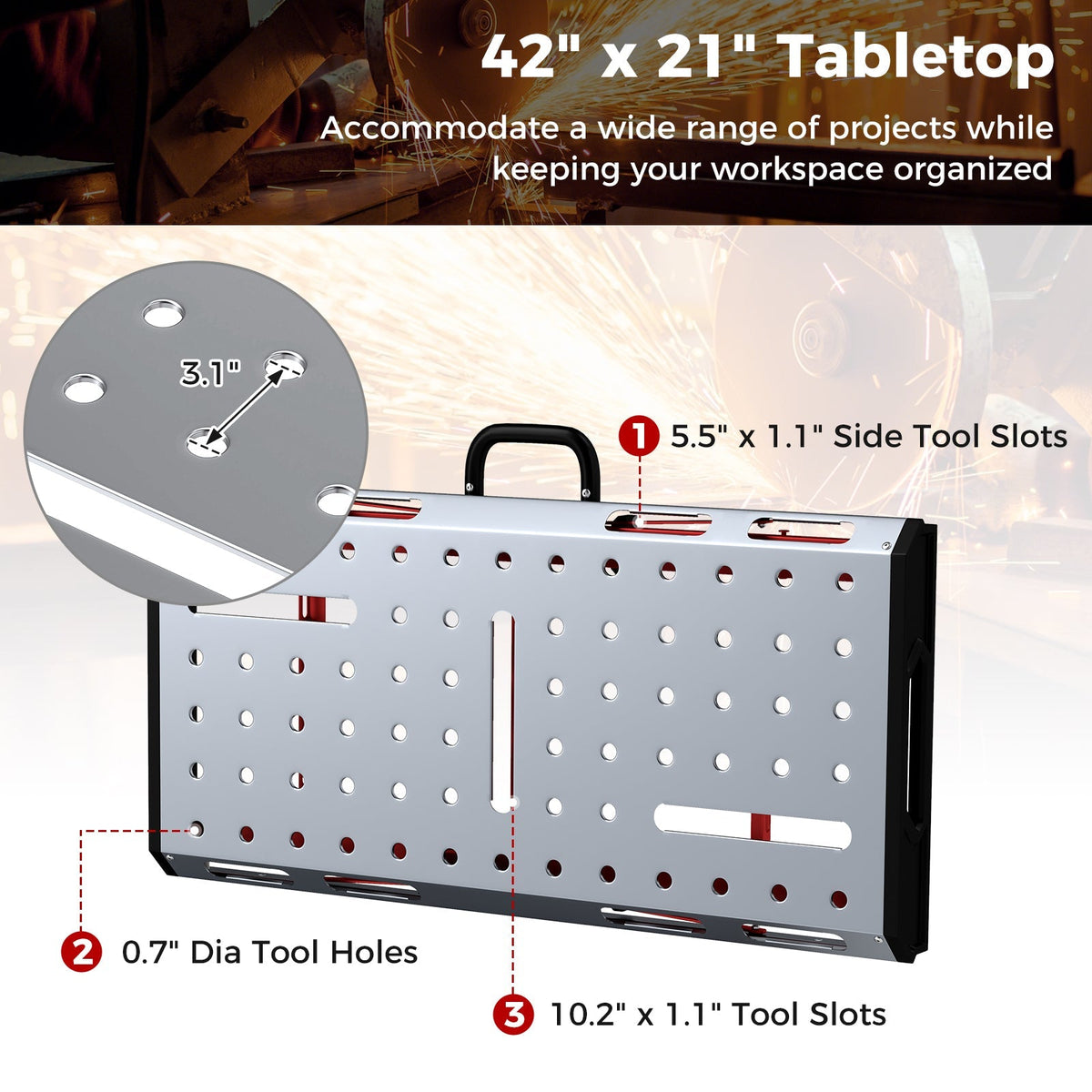 42 Inches x 21 Inches Welding Table with Adjustable Height and 2 Bar Clamps-Silver