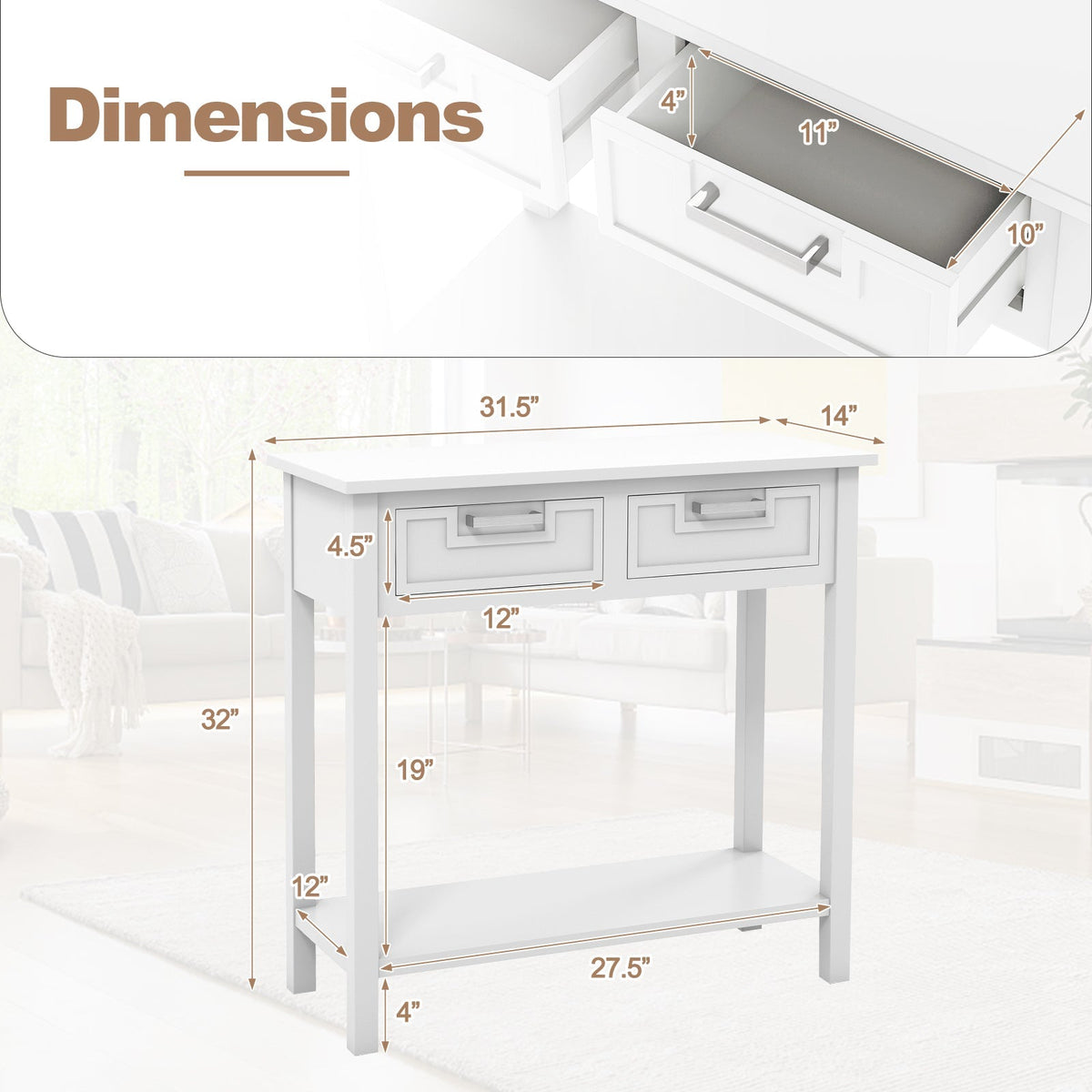 Narrow Console Table with Drawers and Open Storage Shelf
