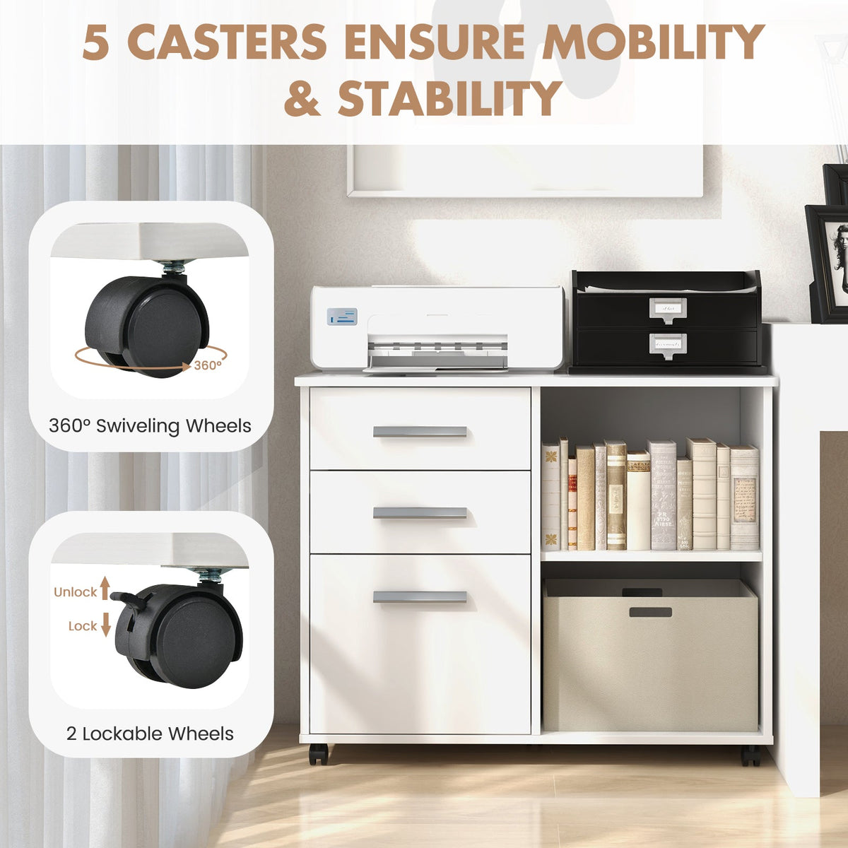 3-Drawer Mobile Lateral File Cabinet Printer Stand