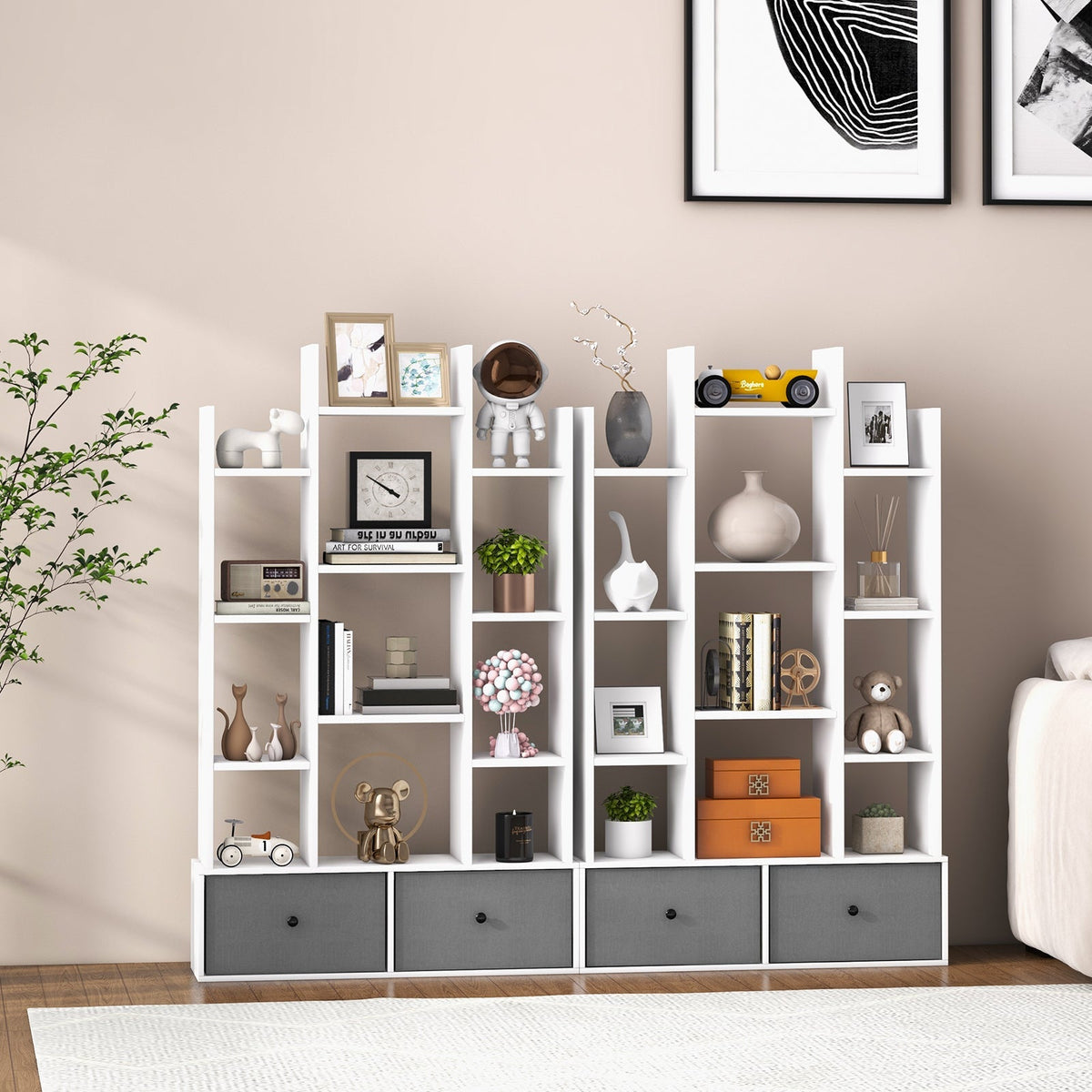 12-Tier Open-Back Freestanding Bookshelf with Drawer