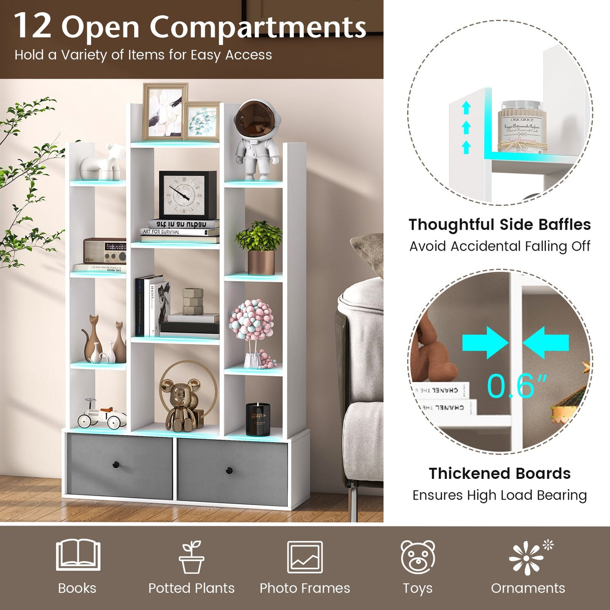 12-Tier Open-Back Freestanding Bookshelf with Drawer