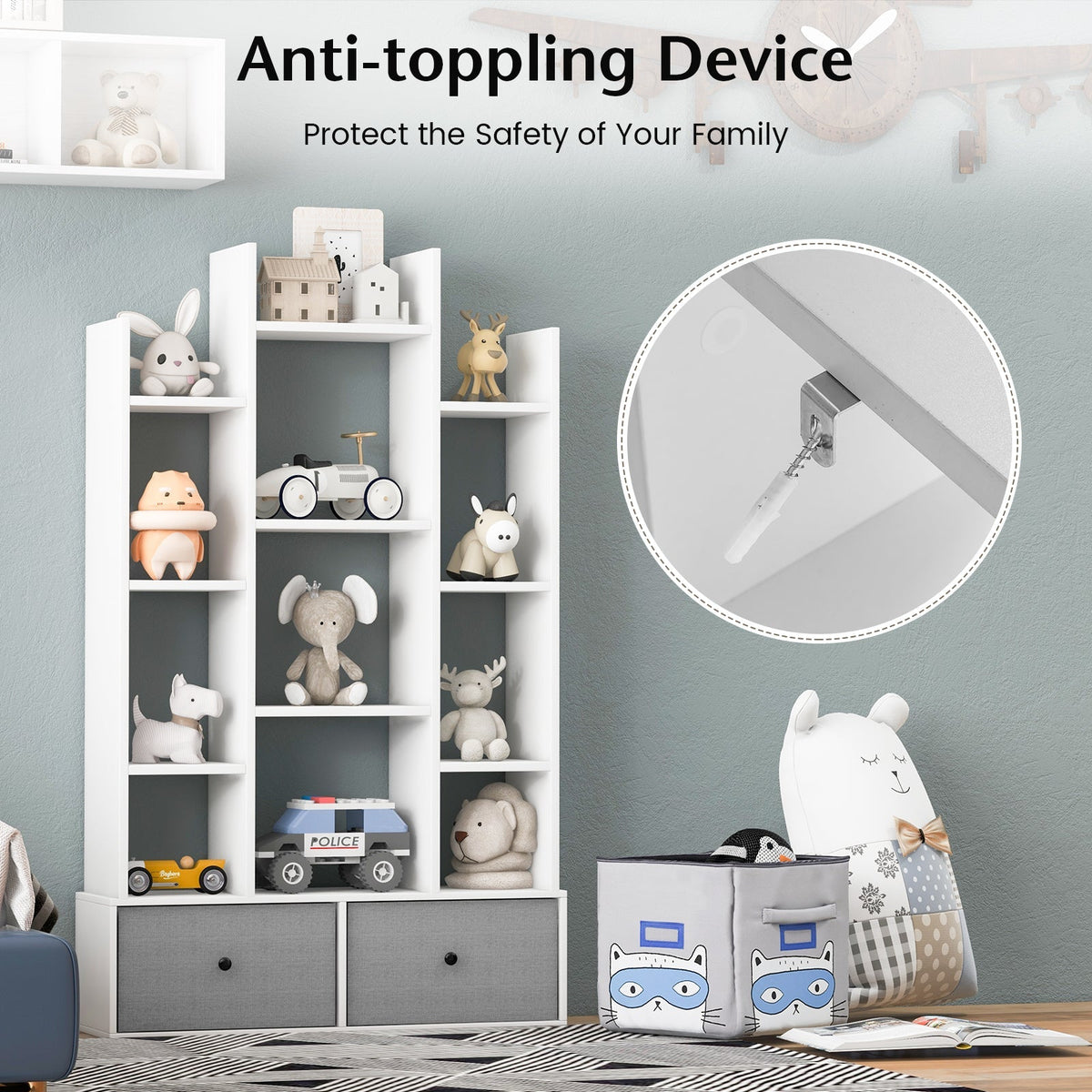 12-Tier Open-Back Freestanding Bookshelf with Drawer