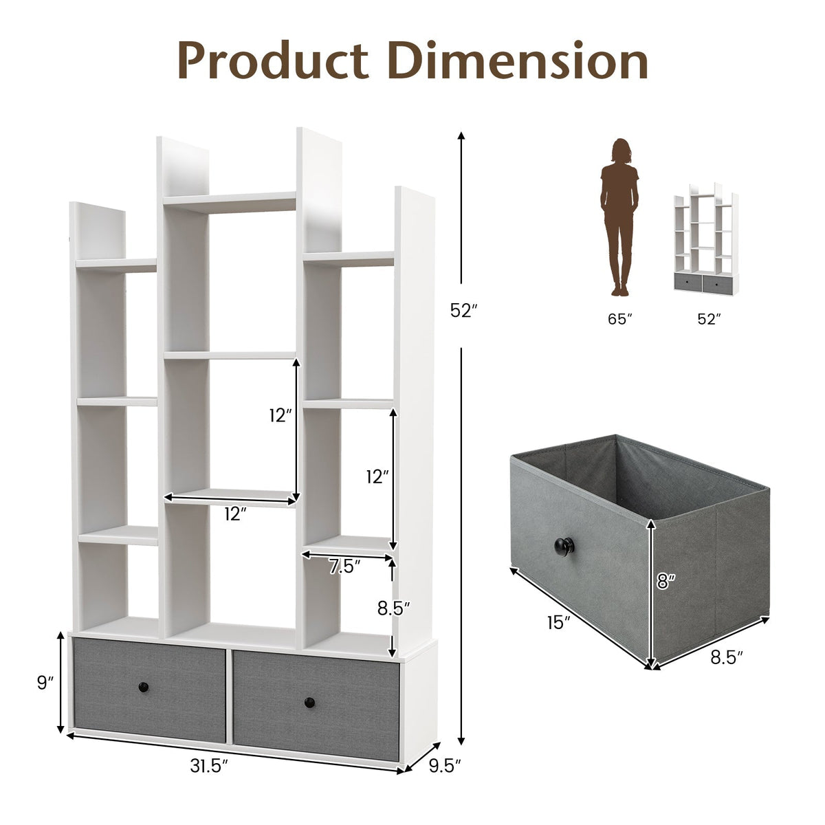 12-Tier Open-Back Freestanding Bookshelf with Drawer