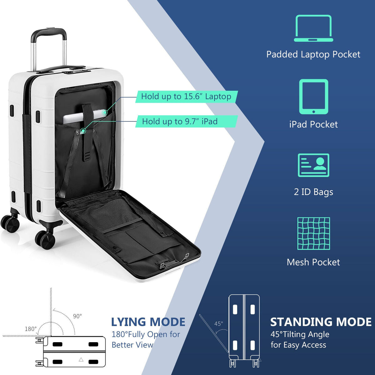 20 Inch Carry-on Luggage PC Hardside Suitcase TSA Lock with Front Pocket and USB Port