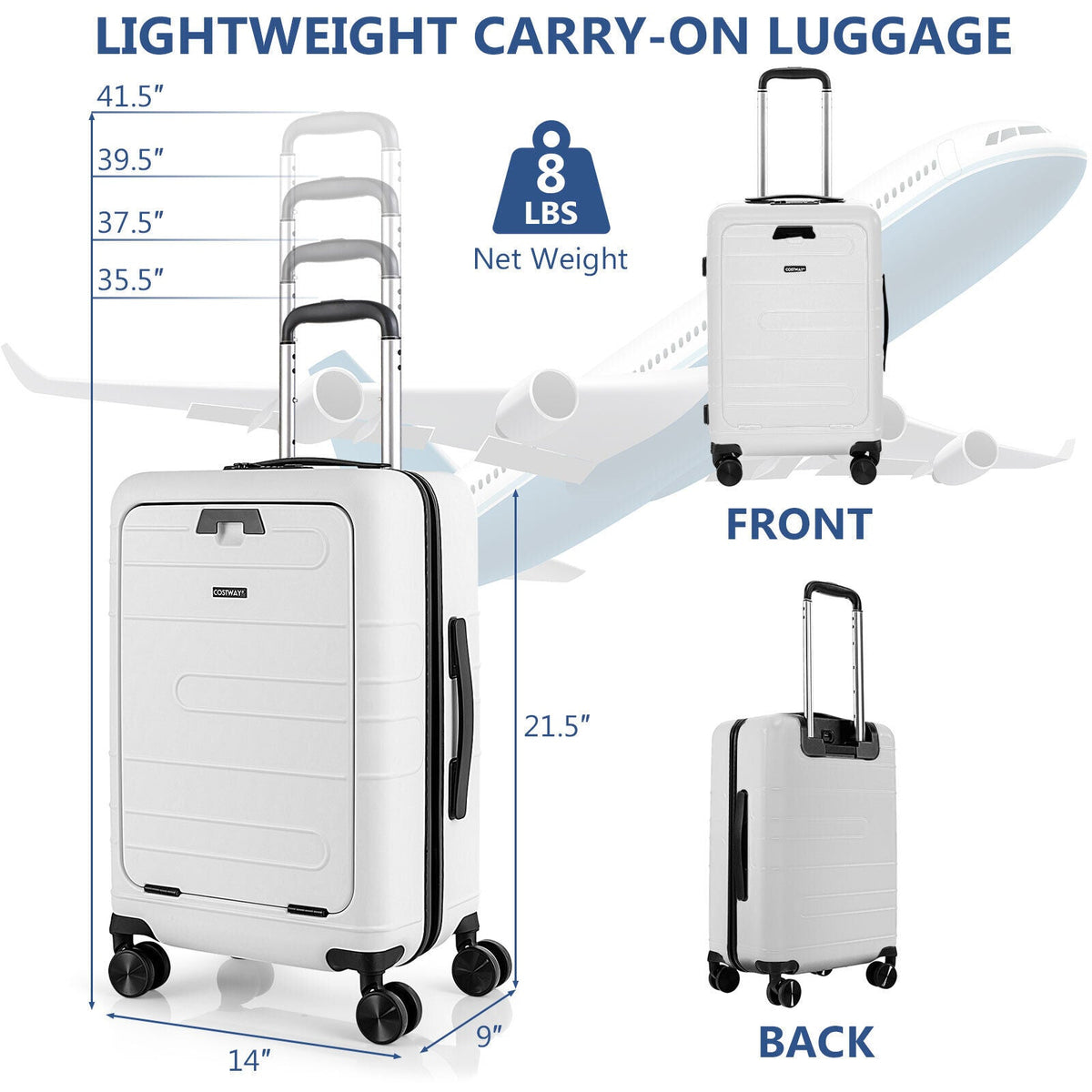 20 Inch Carry-on Luggage PC Hardside Suitcase TSA Lock with Front Pocket and USB Port