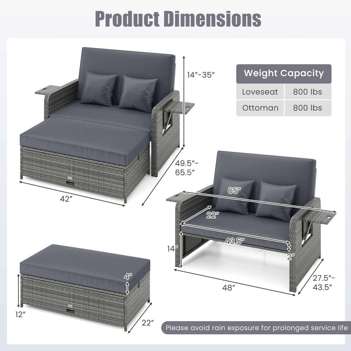 Patio Wicker Loveseat Sofa with Multipurpose Ottoman and Retractable Side Tray