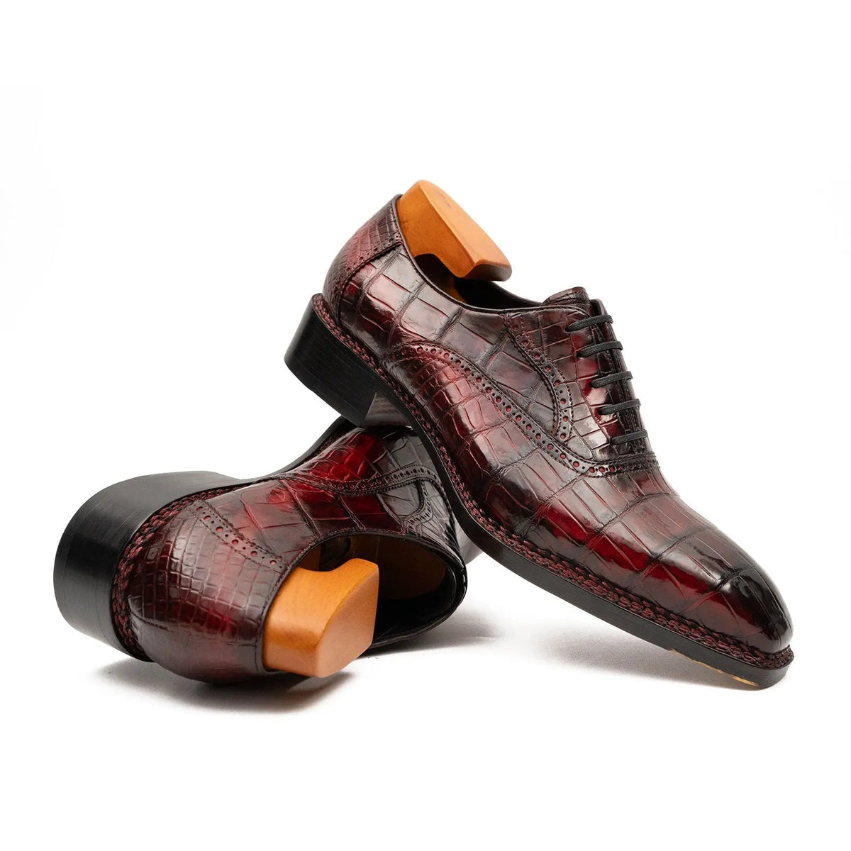 Wine Red Square-Toe Crocodile Leather Oxford Shoes