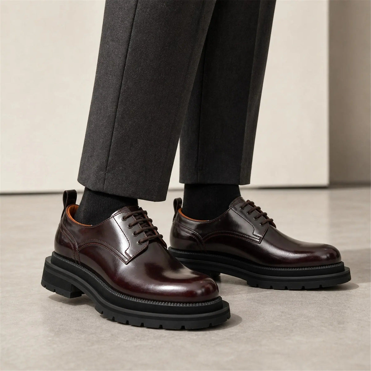 Burgundy Plain-Toe Calf Leather Derby Shoes