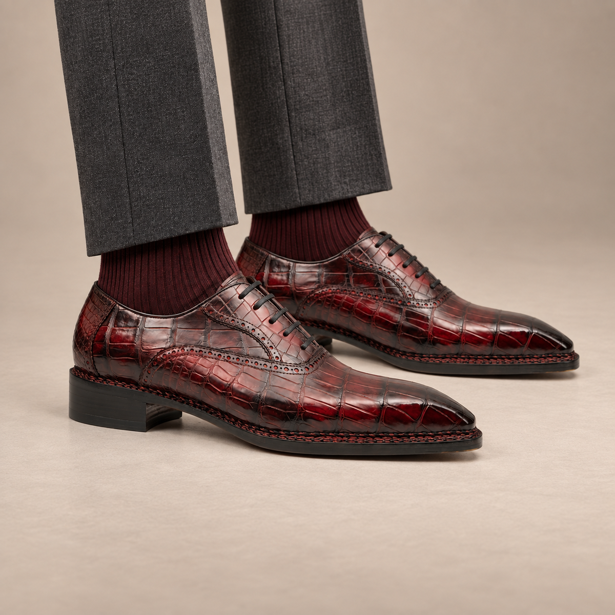 Wine Red Square-Toe Crocodile Leather Oxford Shoes