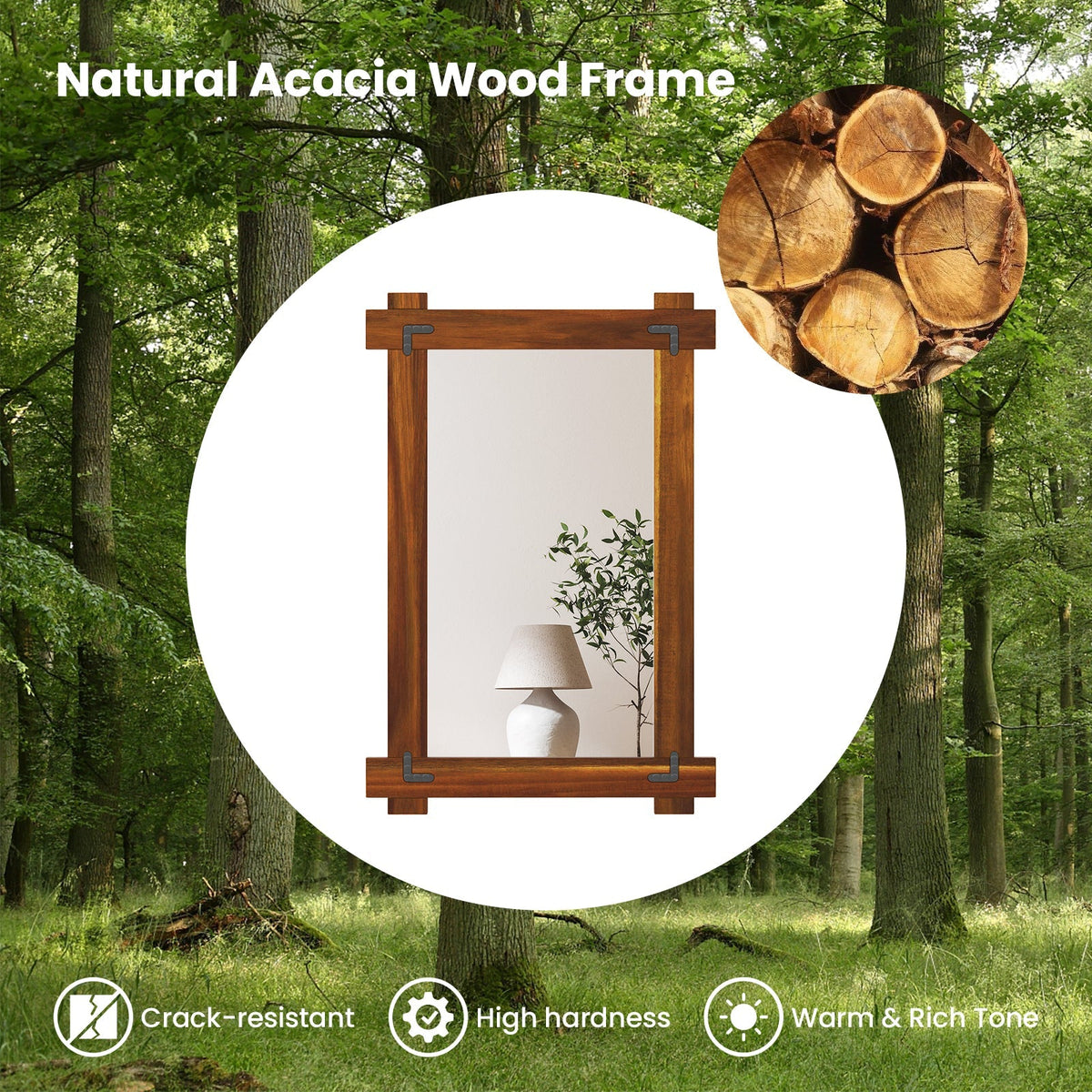 Wood Framed Mirror with Acacia Wood Frame and Vintage Rivet Design Brown
