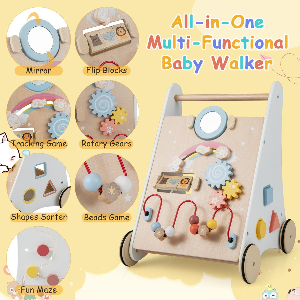 Wooden Baby Walker with Multiple Activities Center for Over 1 Year Old-White